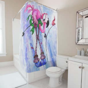 Funny Pink Flamingo Skier - Cartoon Drawing Comic  Shower Curtain