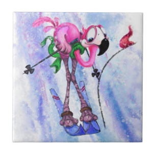 Funny Pink Flamingo Skier - Cartoon Drawing Comic Tile
