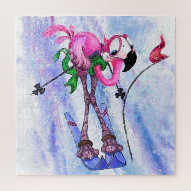 Funny Pink Flamingo Skier - Cartoon Drawing Migned Jigsaw Puzzle (Vertical)