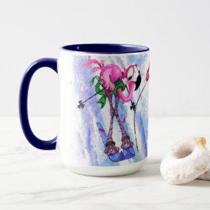 Funny Pink Flamingo Skier - Cartoon Painting Fun Mug