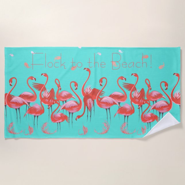 Funny Pink Flamingos Flocking to the Beach Beach Towel (Front)