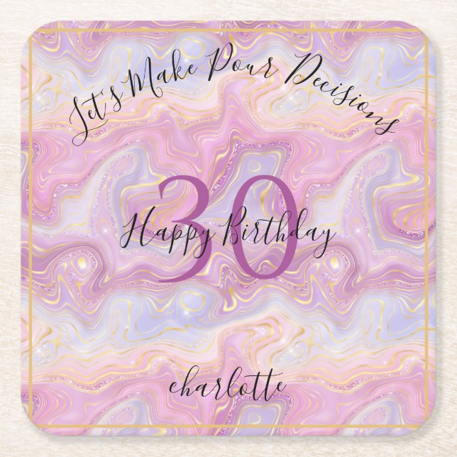 Funny Pink Glitter Marble Agate 30th Birthday Square Paper Coaster (Front)