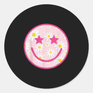 Funny Pink Happy Face Daisy Flower Smile Face Tren Classic Round Sticker