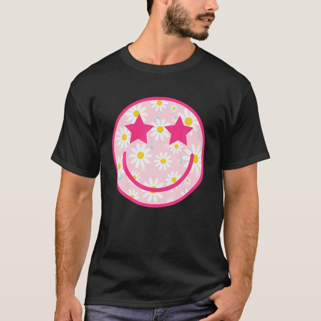 Funny Pink Happy Face Daisy Flower Tshirt Smile Fa (Front)