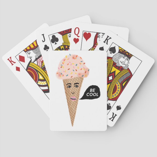 Funny Pink Ice Cream Lady says BE COOL Playing Cards (Back)
