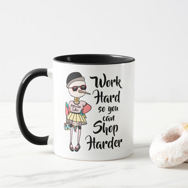 Funny Pink Kawaii Bird Word Hard Shop Harder Mug (With Donut)