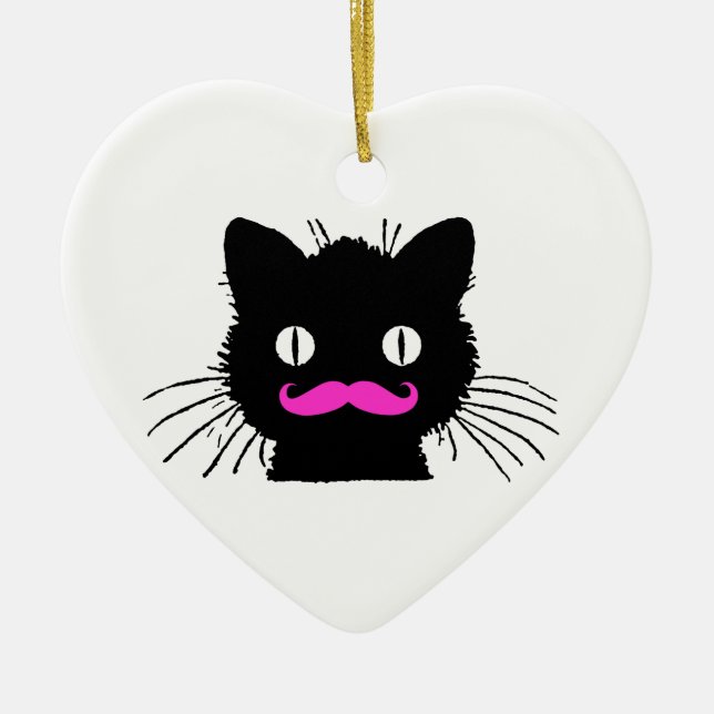 FUNNY PINK MUSTACHE BLACK CAT CERAMIC TREE DECORATION (Front)