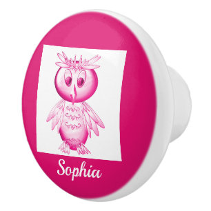 Funny Pink Owl Personalised kids Ceramic Knob