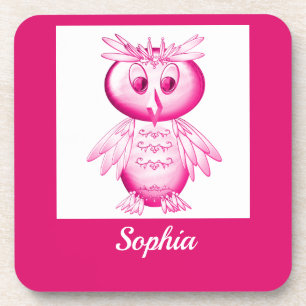 Funny Pink Owl Personalised kids Coaster