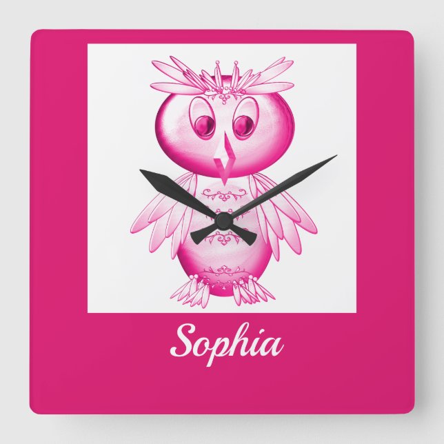 Funny Pink Owl Personalized kids Square Wall Clock (Front)