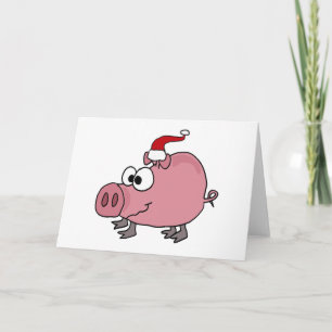 Funny Pink Pig in Santa Hat Holiday Card