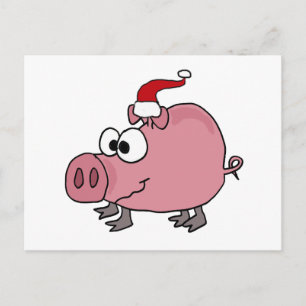 Funny Pink Pig in Santa Hat Holiday Postcard
