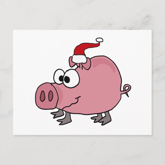 Funny Pink Pig in Santa Hat Holiday Postcard (Front)