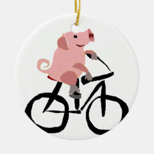 Funny Pink Pig Riding Bicycle Ceramic Tree Decoration