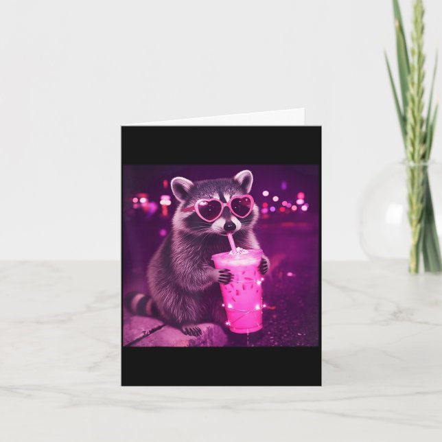 Funny pink racoon drinking iced coffee - cute card (Front)