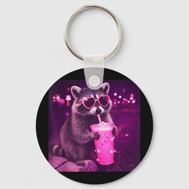 Funny pink racoon drinking iced coffee - cute key ring (Front)