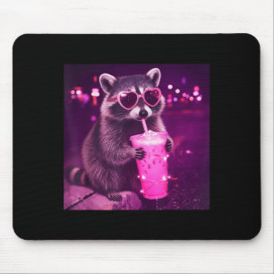 Funny pink racoon drinking iced coffee - cute mouse mat