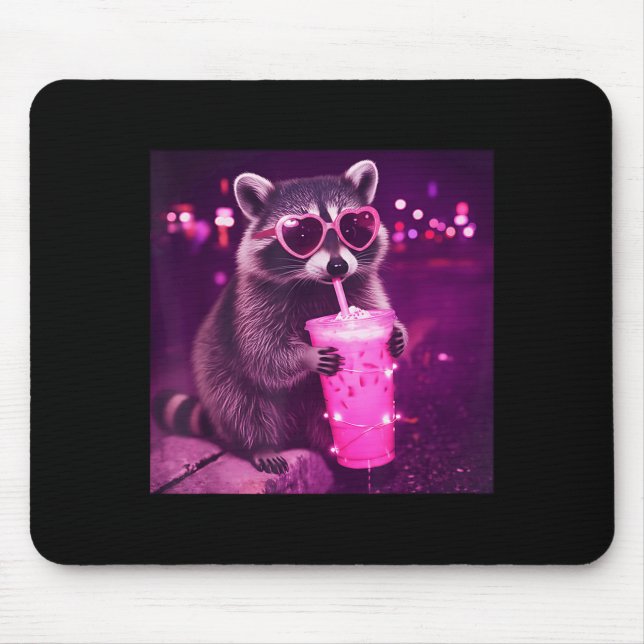 Funny pink racoon drinking iced coffee - cute mouse mat (Front)