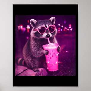 Funny pink racoon drinking iced coffee - cute poster