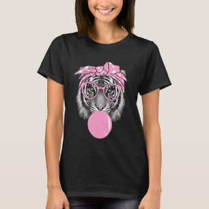 Funny Pink Tiger For Girl Glasses & Pink Bubble Gu T-Shirt