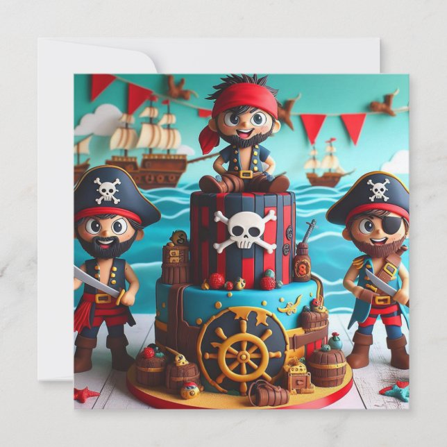 FUNNY PIRATES KIDS THEMED BIRTHDAY CAKE  INVITATION (Front)