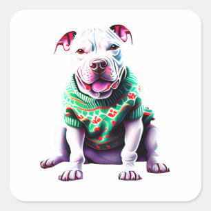 Funny Pit Bull in Christmas Sweater Square Sticker