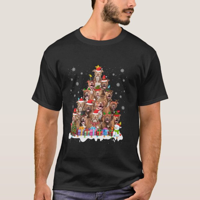 Funny Pitbull Christmas Lights Tree Dog Lover Xmas T-Shirt (Front)
