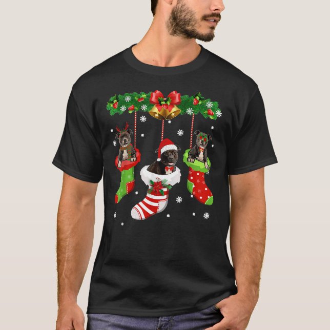 Funny Pitbull Christmas Tree Socks Dog Lover Xmas T-Shirt (Front)