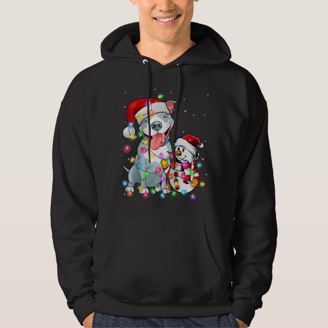 Funny Pitbull Dog Christmas Snowman Xmas Lights Pa Hoodie (Front)