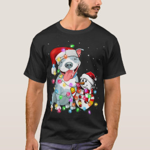Funny Pitbull Dog Christmas Tee Snowman Xmas Light