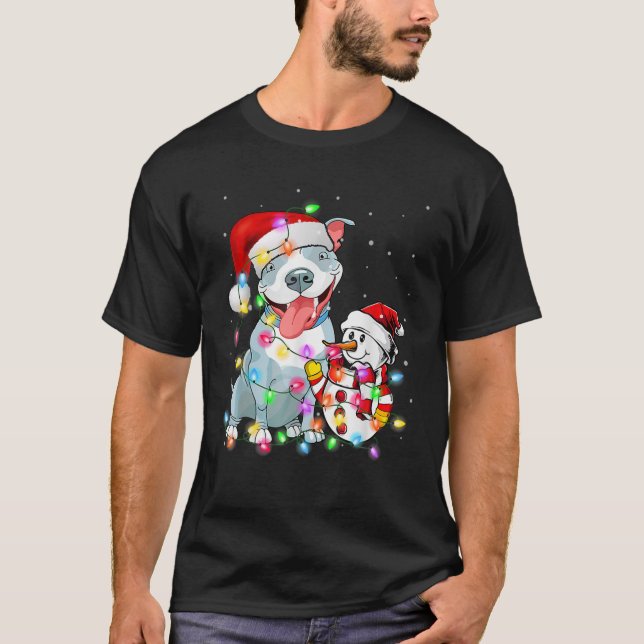Funny Pitbull Dog Christmas Tee Snowman Xmas Light (Front)