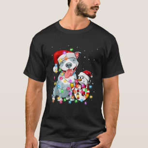 Funny Pitbull Dog Christmas Tee Snowman Xmas Light