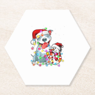 Funny Pitbull Dog Christmas Tee Snowman Xmas Light Paper Coaster