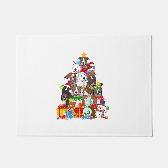 Funny Pitbull Dog Christmas Tree Lights Puppy Dog  Doormat (Front)