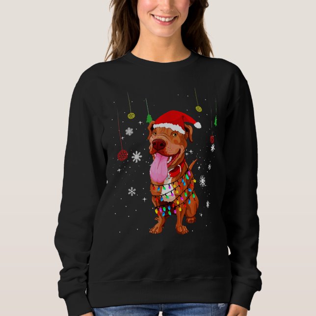Funny Pitbull Dog Santa Hat Christmas Lights Sweatshirt (Front)