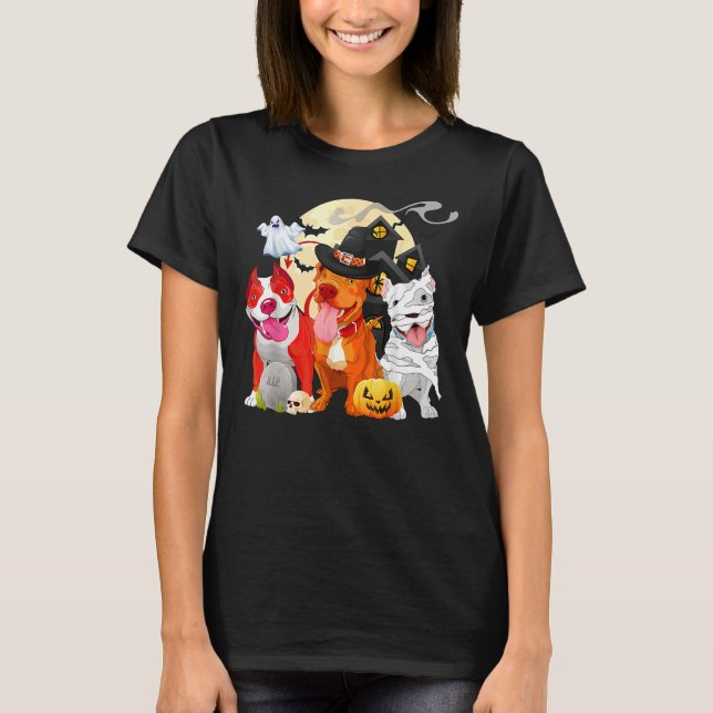 Funny Pitbull Dog Witch Hat Scary Pumpkin Hallowee T-Shirt (Front)