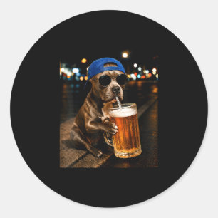 Funny pitbull meme drinking beer night street classic round sticker