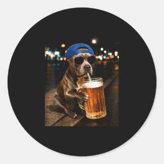 Funny pitbull meme drinking beer night street classic round sticker