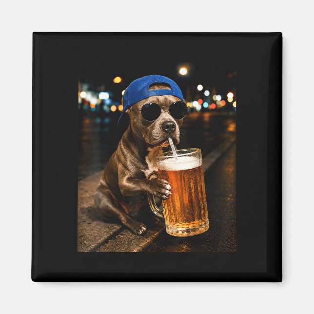 Funny pitbull meme drinking beer night street magnet (Front)