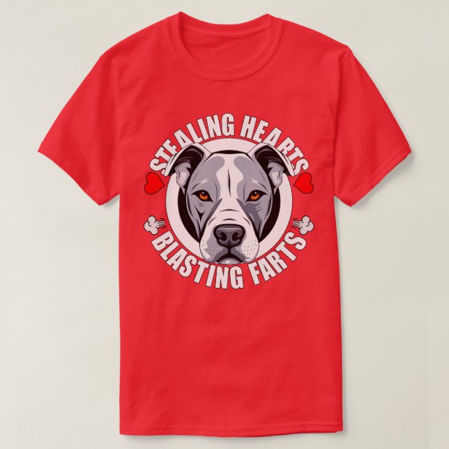 Funny Pitbull Stealing Hearts Blasting Farts Puppy T-Shirt (Design Front)