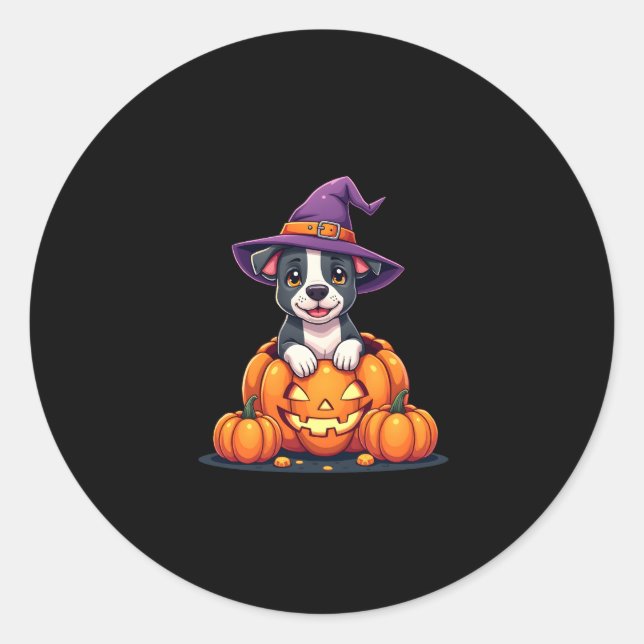 Funny Pitbull Witch Pumpkin Dog Halloween Mens Wom Classic Round Sticker (Front)