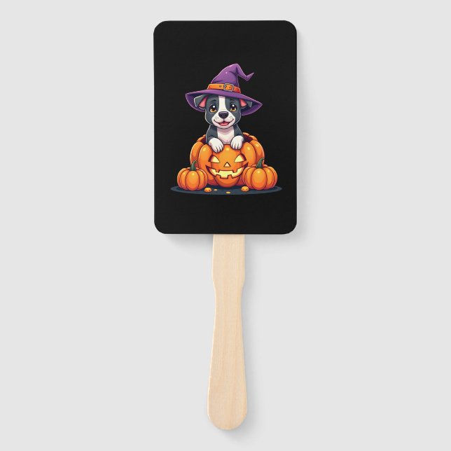 Funny Pitbull Witch Pumpkin Dog Halloween Mens Wom Hand Fan (Front)