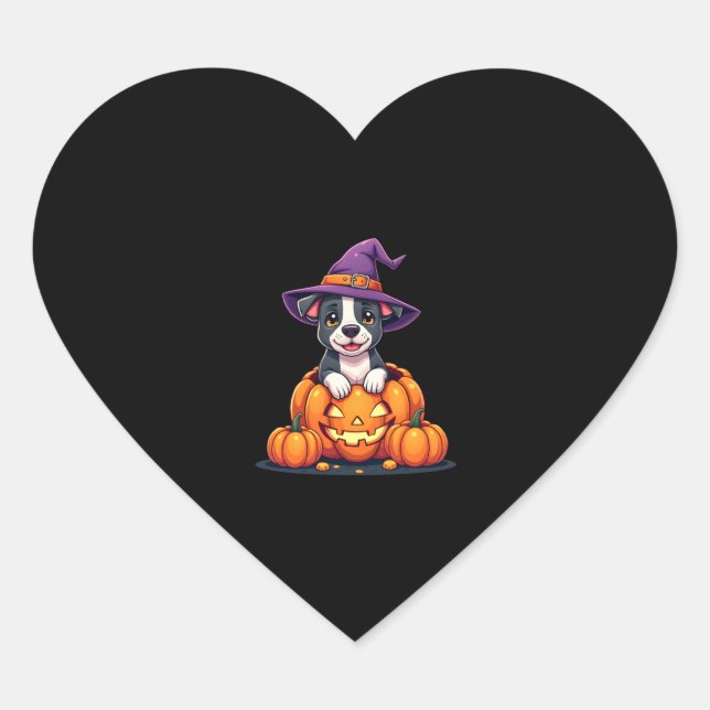 Funny Pitbull Witch Pumpkin Dog Halloween Mens Wom Heart Sticker (Front)