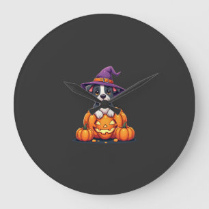 Funny Pitbull Witch Pumpkin Dog Halloween Mens Wom Large Clock