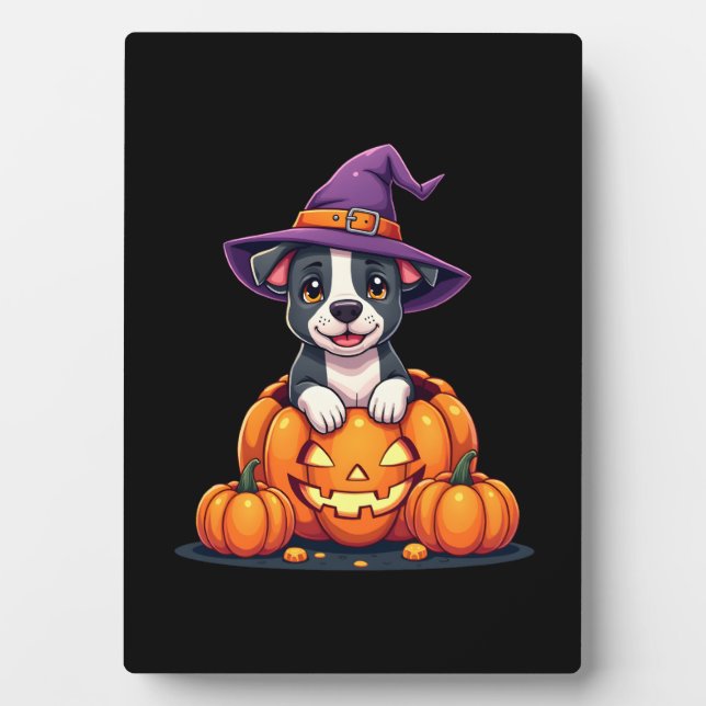 Funny Pitbull Witch Pumpkin Dog Halloween Mens Wom Plaque (Front)
