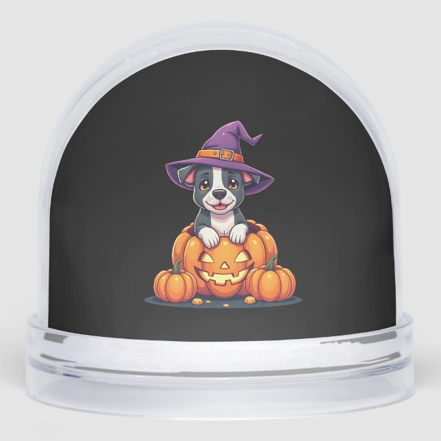 Funny Pitbull Witch Pumpkin Dog Halloween Mens Wom Snowglobe (Front)