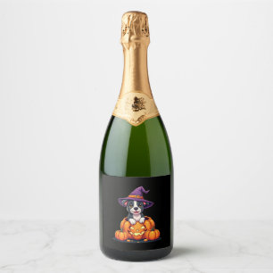 Funny Pitbull Witch Pumpkin Dog Halloween Mens Wom Sparkling Wine Label