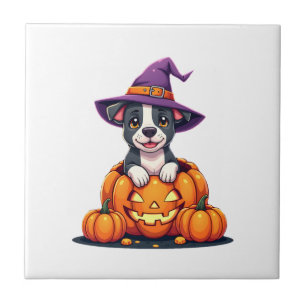 Funny Pitbull Witch Pumpkin Dog Halloween Mens Wom Tile