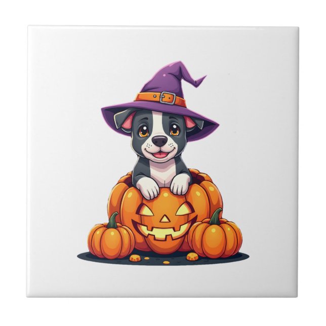 Funny Pitbull Witch Pumpkin Dog Halloween Mens Wom Tile (Front)