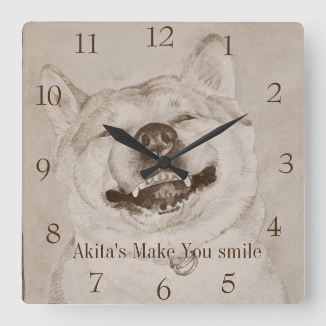 funny piture of akita smiling realist art dog square wall clock (Front)